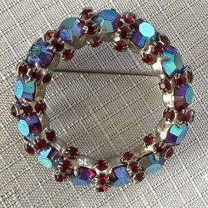 Warner's Iridescent Blue-Green and Red Crystal Wreath Brooch